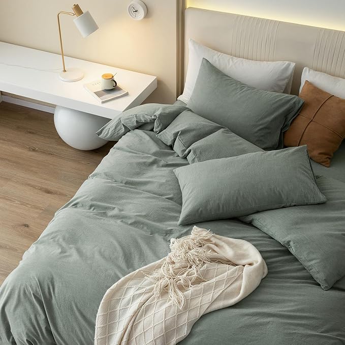 JIYUAN 100% Washed Cotton Duvet Cover Set 3 Pieces Oversized King, 1 Duvet Cover 120x98 Inches(Comforter Not Included) and 2 Pillowcases,Linen Feel Bedding Set Comfy and Breathable, Heathered Green