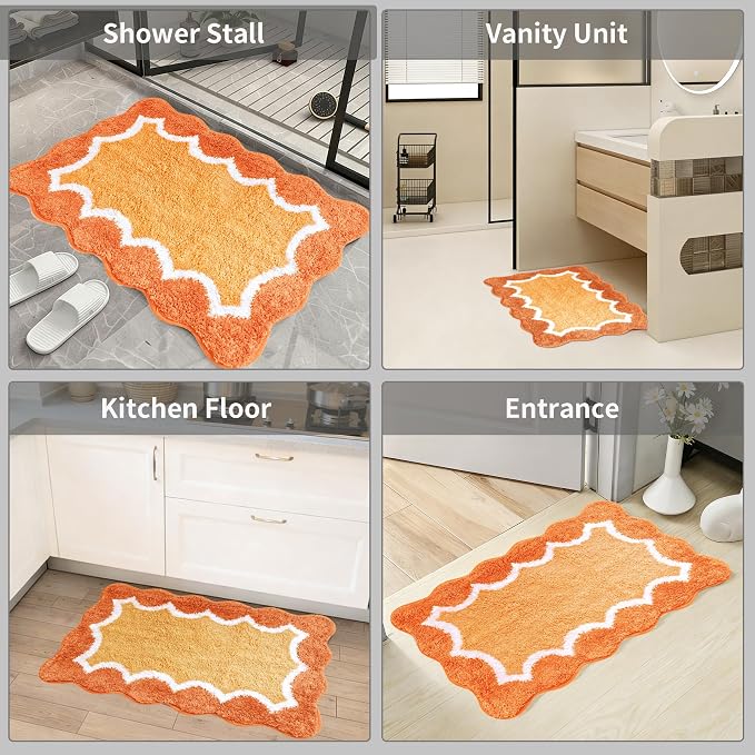 Scalloped Orange Bathroom Rugs Mat,Non Slip Absorbent Quick Dry Bath Mats for Shower Room,Plush Microfiber Bath Rug for Bathroom Floor Washable Carpet for Shower Tub Sink Bedroom,20"x32"