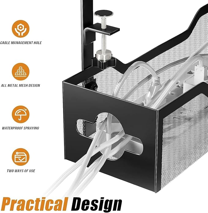 Under Desk Cable Management Tray 15.95", Quszmd Cable Organizer No Drill, Standing Cord Organizer and Wire Management Tray - No Damage to Desk, Black