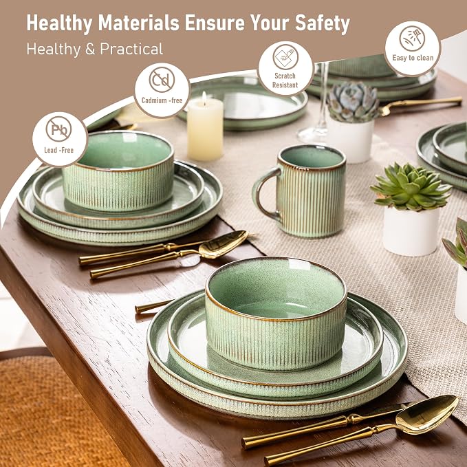 GBHOME 12-Piece Stoneware Dinnerware Set for 4 – Ribbed Ceramic Plates and Bowls, Scratch-Resistant, Microwave & Dishwasher Safe, Reactive Glaze, Pastel Green