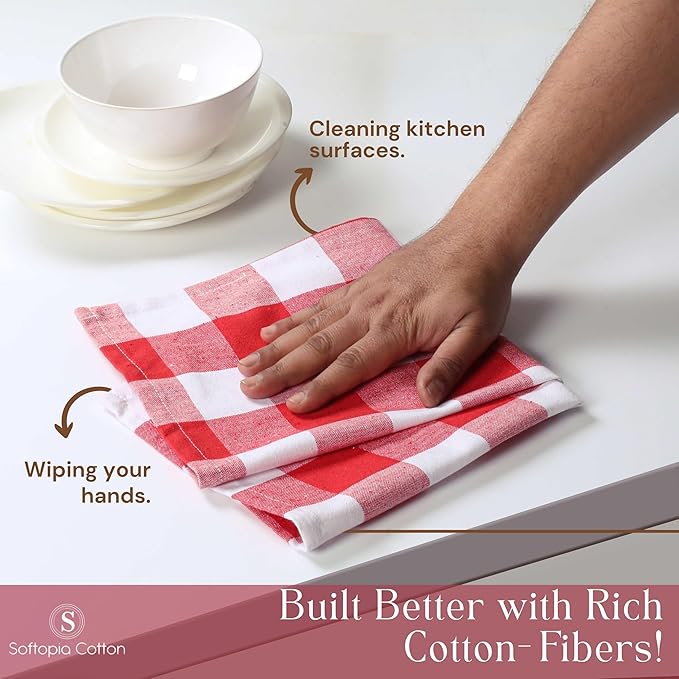Red Buffalo Plaid Checked Dish Towels 4 Pack, 100% Cotton, 16x26 Inches, Super Absorbent, Quick Drying, Soft, Lint-Free, Durable Tea & Bar Towels with Hanging Loop, Grey and White