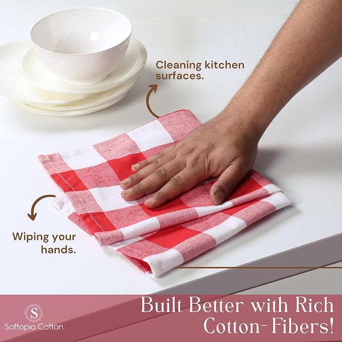 Red Buffalo Check Plaid Kitchen Towels, 12 Pack, 100% Cotton, 16x26 Inches, Super Absorbent, Quick Dry, Soft, Lint-Free, Dish Drying & Cleaning Towels with Hanging Loop, Red and White