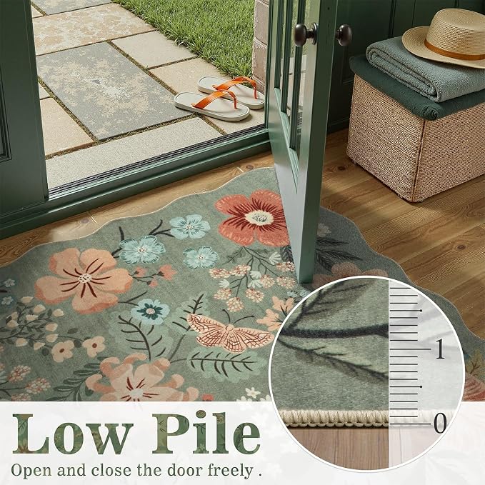 DCX Vintage Floral Rug 2x6, Washable Sage Green Rug for Hallway, Kid & Pet Friendly with Rubber Back Non Slip, Soft Low Pile Carpet, Stain Resistant Rug for Dining Room, Kitchen, and Bathroom