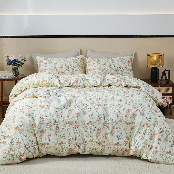 100% Cotton Duvet Cover King Size – Vintage Botanical Floral Duvet Cover Set with Zipper Closure, 3-Piece Soft Breathable Natural Premium Cotton Bedding Set for All Seasons