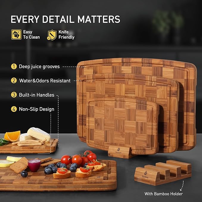 3 Pack Bamboo Cutting Board Set Non Toxic Wooden Cutting Board for Kitchen Non Slip Solid End Grain Thick Wood Juice Groove Chopping Board Edge Grain Teak Smart Marble Flexible Round Stone Metal