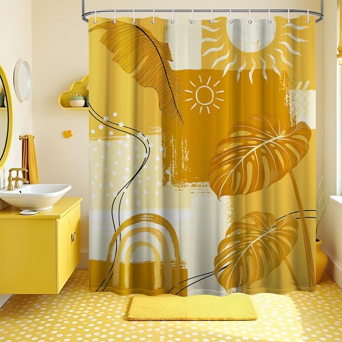 Extra Tall Shower Curtain XL Mustard Yellow Abstract, 70 x 84 Inchs | for Extra Long 84 Inchs Shower, Mid Century Modern Bohemian, Large Bathroom Decor Sets Waterproof Cloth Fabric, with Hooks