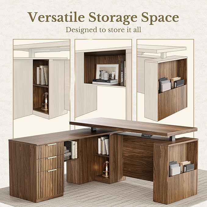 63 Inches L Shaped Standing Desk, Executive Standing Desk with Drawers and File Cabinet, AC/USB, 1.18" Desktop, Multi-sized Storage Cubby, Privacy Panel, Fluted Computer Desk, Black Walnut