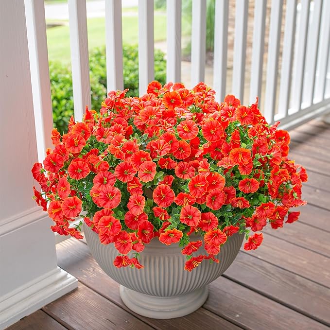 Artificial Flowers Fake Plants for Outdoors Spring Summer Decor, 12 Bundles Orange Silk Morning Glory with Eucalyptus Look Real UV Resistant Faux Flowers for Outside Planters Front Door Yard Indoor