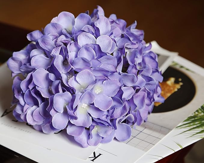 DuHouse Silk Hydrangea Artificial Flowers Heads with Stems for Wedding Home Decor Pack of 6 (Purple)