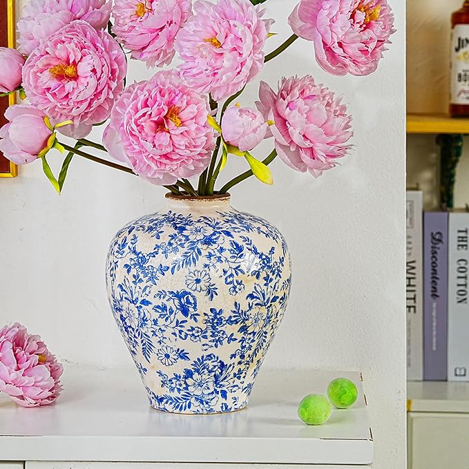 Sungmor Vintage Ceramic Flower Vase - 9.4 Inch Retro Ice Cracked Glaze Chinoiserie Vase, Rustic Farmhouse Home Décor Accent for Dried Flowers, Greenery - Table Centerpieces, Shelf, Mantel Decor