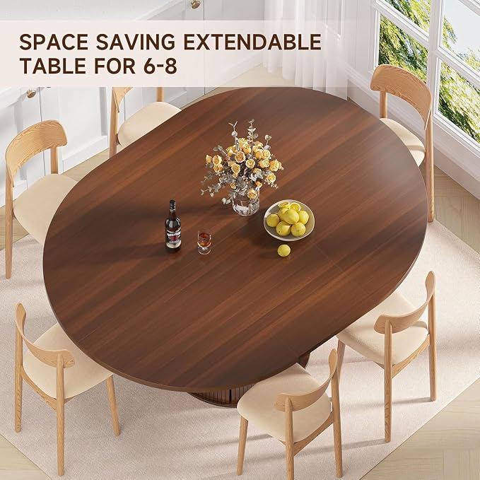 DHH 47"-63" Extendable Round Dining Table for 4–8 with Storage, Mid Century Modern Farmhouse Wood Oval Dinner Table with Pedestal Base for Kitchen, Living Room (Walnut)