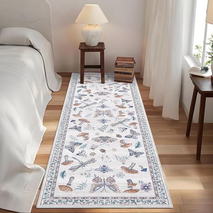 Washable 2x6 Vintage Mushroom Runners for Hallway Entryway Retro Distressed Kitchen Carpet Runner Low Pile Soft Bedside Boho Carpet Non Slip Bath Rug Thin Floral Accent Carpets, Beige