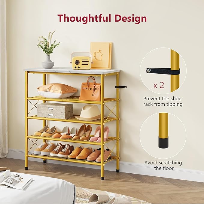Tajsoon 5 Tier Shoe Rack Organizer for 16-20 Pairs of Shoes, Metal Mesh Shoe Shelf for Closet, Industrial Shoe Rack for Entryway Shoe Storage with X Shape Fixed Frame, White & Gold