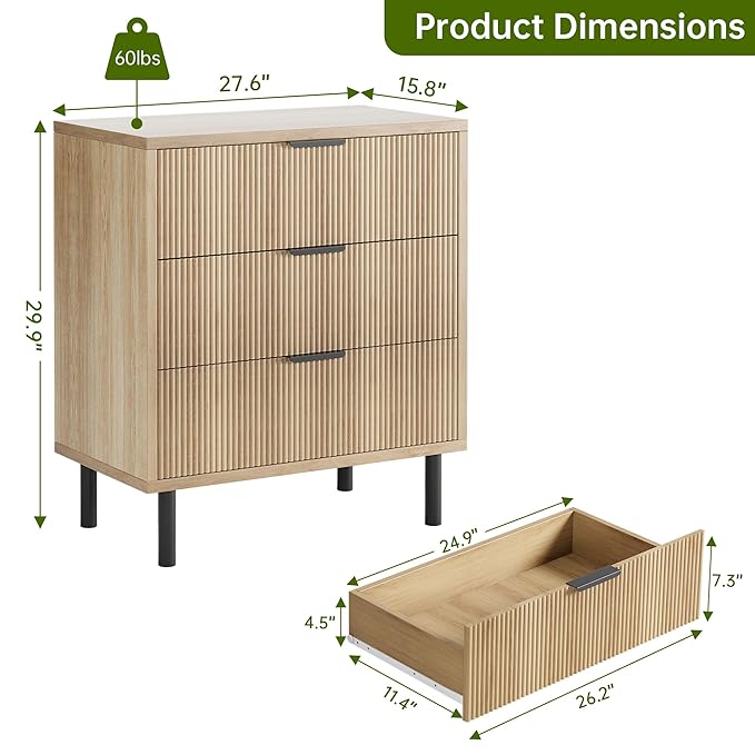 GarveeHome Oak Fluted 3 Drawers Dresser, Wide Wood Chest of Drawers, Modern Storage Dresser Chest of Drawers Organizer with Metal Legs and Anti-Tipping Device for Bedroom Living Room