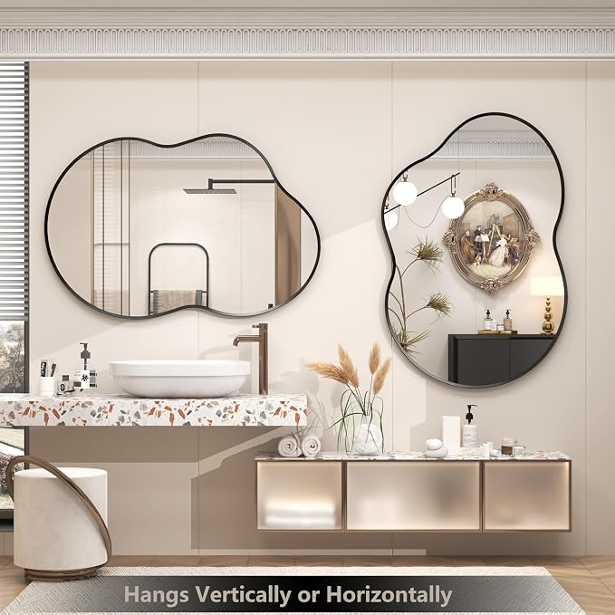 20x32 Black Irregular Wall Mirror, Black Asymmetrical Mirror with Aluminum Alloy Frame for Bathroom Bedroom Entryway, Shatterproof, Anti-Rust(Horizontally/Vertically)