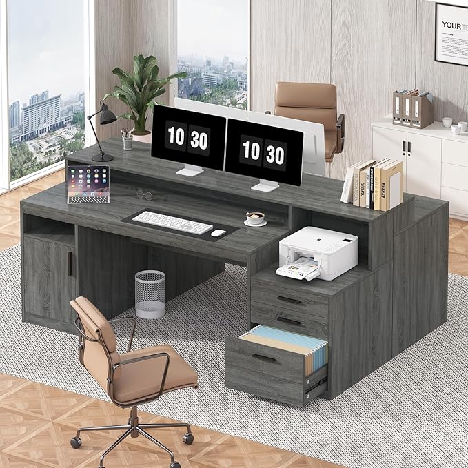 Executive Computer Desk with 3 Drawers & Storage Shelves, 65 Inch Home Office Desk with File Drawer & Cabinet, Writing Study Desks with Monitor Stand & Printer Shelf, Dark Grey