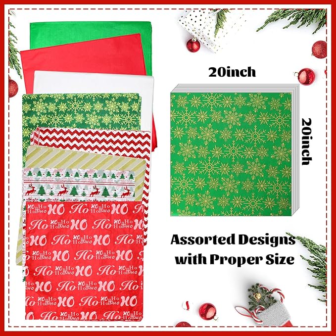 Hifunwu 120 Sheets Christmas Tissue Paper for Gift Wrapping Bags, Christmas Holiday Tissue Paper Bulk for Gift Bags Wrapping