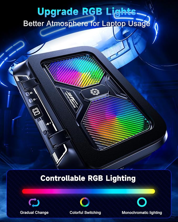 Laptop Cooling Pad with Dual Core Cooler, Gaming Laptop Cooler with 5.5in 2 Powerful Turbofan(9500 RPM), Fast Cooling Laptop 12-21in, 5 Height Stands, 100 Gear Speed, LCD Screen, RGB, Phone Holder