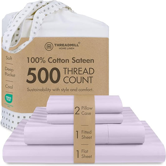 Threadmill 500 Thread Count Queen Size Damask Stripe, 4 Pc Luxury Cotton Bedding Set, Silky Smooth & Breathable Lilac Sheets with 16" Elasticized Deep Pocket, 2 Pillowcases & Free Tote Bag