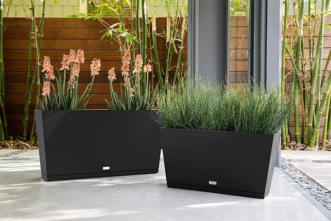 Veradek Midori Long Trough Planter (Black, 39 inch - 2 Pack with 2 Saucer Trays)