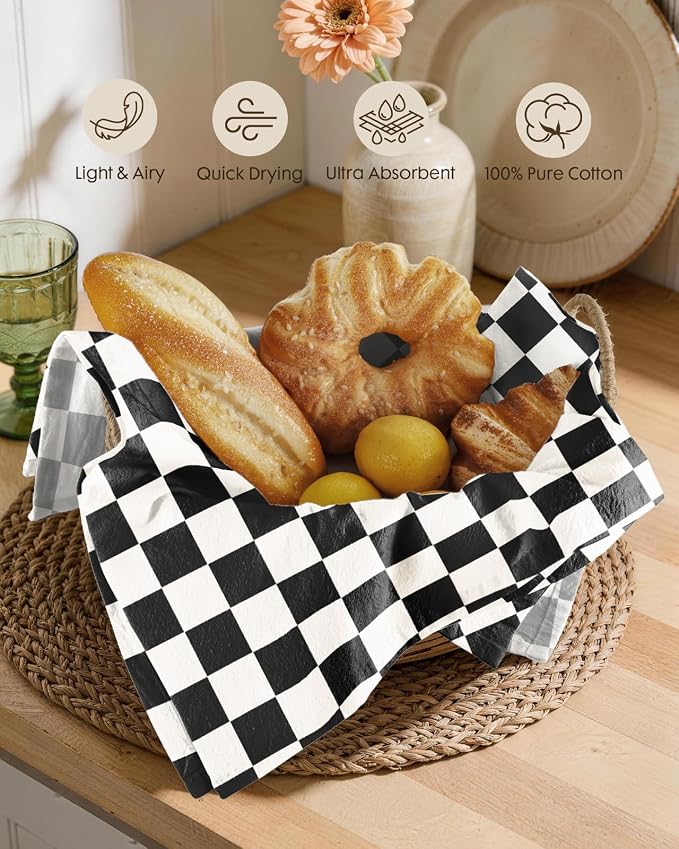 Miss Adola 2 Pack Flour Sack Kitchen Towels - 16x26 Inch Black and White Cotton Dish Towels with Hanging Loop Reusable Modern Tea Towel Absorbent Dishcloths Home Decor, Checkered