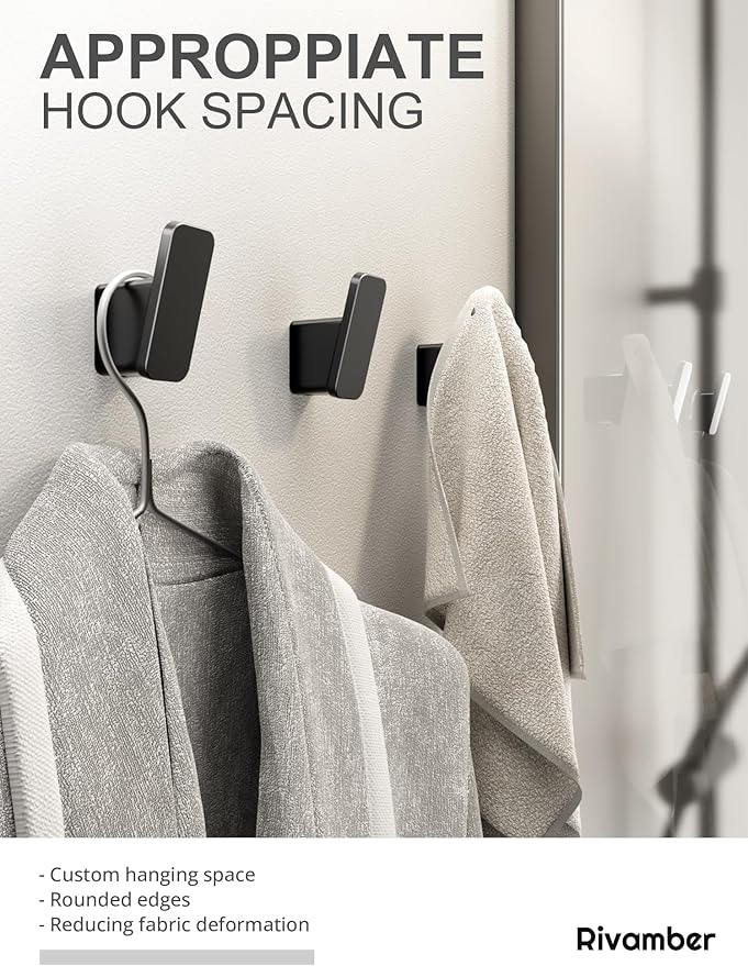 4-Pack Matte Black Towel Hook for Bathroom, Robe Coat Hook, Heavy Duty Wall Hooks for Hanging Bag Hat Mudroom Bedroom Shower Closet, Drill in Hanger Mount with Screw, Holder Back of Door Outdoor