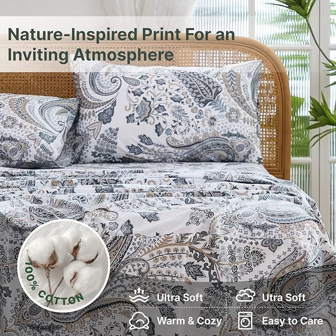 100% Cotton Sheet Set King Size – 4-Piece Luxury Grey Paisley Bedding Set, Extra Soft Breathable Percale Weave, Deep Pocket Fitted Sheet 17.5", Crisp Cool Feel Bed Sheet