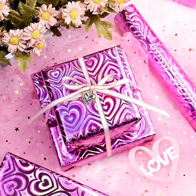 Yarcony Pink Wrapping Paper, Mini Roll, Holographic Hearts Wrapping Paper, Valentine's Day Present Paper for Lover Anniversary, Wedding, Mother's Day, Birthday, Romantic Occasions (17 Inch X 33 Feet)