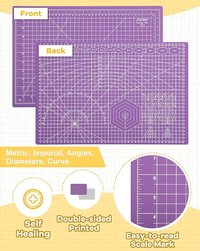 Thickened 18"x12" Self Healing Cutting Mat, Idemeet Rotary Cutting Sewing Mat for Crafts, 5-Ply Blade Table Protector Cut Board for Fabric Leather Cutting Quilting Modeling Hobby Project, A3, Purple