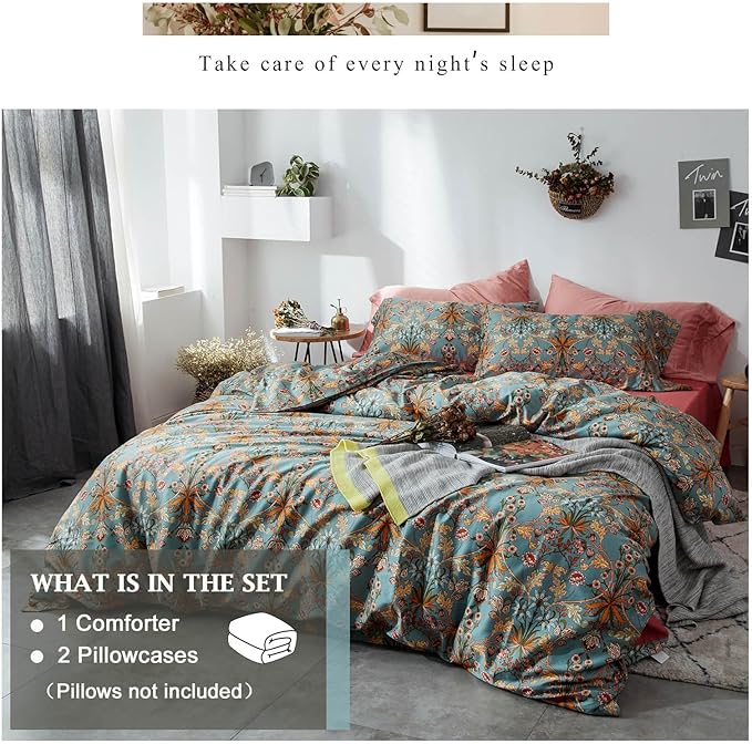 VM VOUGEMARKET Sage Green Comforter Set Queen,Medallion Paisley Flower Bedding Set Vibrant Bohemian Pattern Quit Comforter with 2 Pillowcases