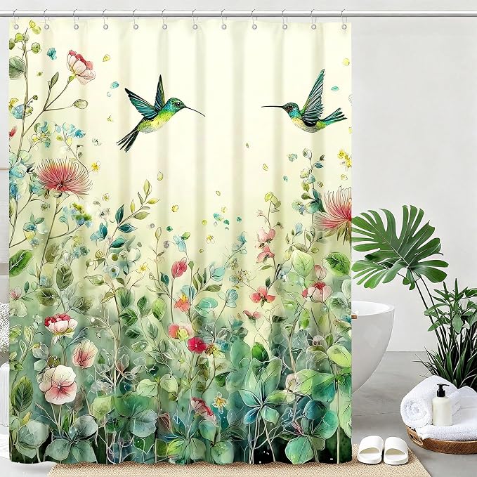 Green Leaf Flowers Shower Curtain Hummingbird Shower Curtains for Bathroom Waterproof Fabric Bath Curtain Decor with Hooks