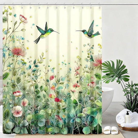 Green Leaf Flowers Shower Curtain Hummingbird Shower Curtains for Bathroom Waterproof Fabric Bath Curtain Decor with Hooks