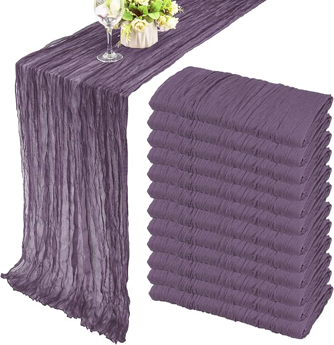 12 Pack 10Ft Cheesecloth Table Runner 35x120 Inch Boho Gauze Table Runner Rustic Cheese Cloth Long Romantic Table Runners for Wedding Bridal Shower Birthday Party Table Decor (Grape)