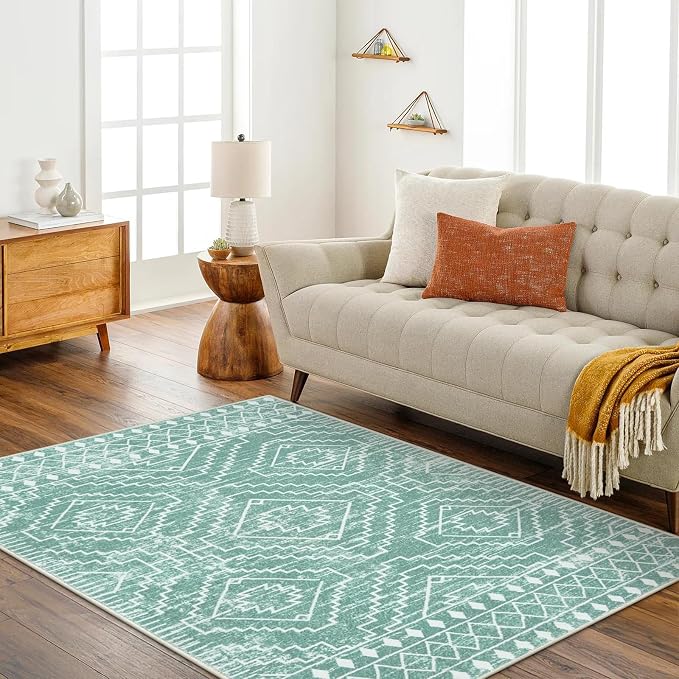 Wonnitar Moroccan Sage Green Area Rugs 5x7, Washable Rugs Non-Slip Soft Large Rug for Bedroom, Non-Shedding Farmhouse Stain Resistant Floor Carpet for Bedside Playroom Dining Room (Mint Green,5'x7')