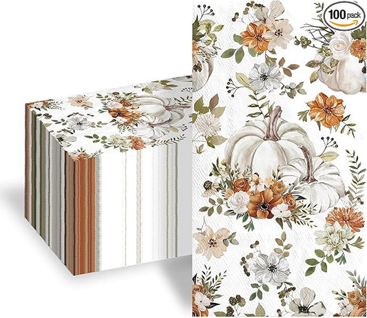 100pcs Thanksgiving White Pumpkin Paper Napkins 3 Ply Disposable Fall Pumpkin Guest Napkins Hand Towels for Bathroom Home Kitchen Table Harvest Party