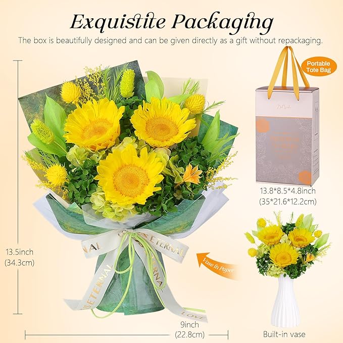 Preserved Sunflower Bouquet - Forever Flowers for Delivery, Long-Lasting Flower with Gift Box, Eternal flowers Bouquet for Mothers, Mom, Wife Anniversary Birthday Gifts for Women and Her