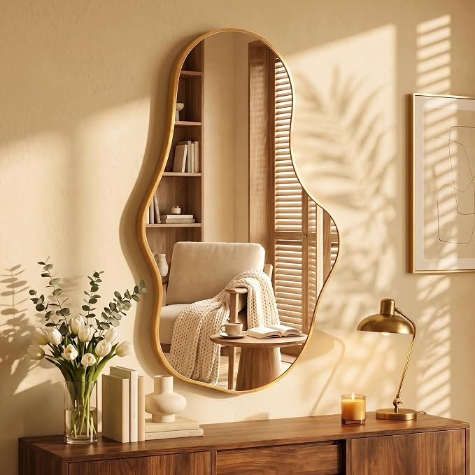 Dorlicecass Irregular Wall Mirror - Wall Mirrors Decorative 22"x 36" Asymmetrical Abstract Mirror Aviation Aluminum Alloy Frame Unique for Bathroom, Bedroom, Living Room, Cloakroom, Entryway Gold