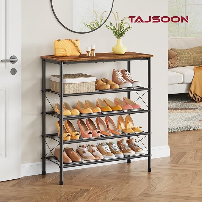 Tajsoon 5 Tier Shoe Rack Organizer for 16-20 Pairs of Shoes, Metal Mesh Shoe Shelf for Closet, Industrial Shoe Rack for Entryway Shoe Storage with X Shape Fixed Frame, Rustic Brown & Black