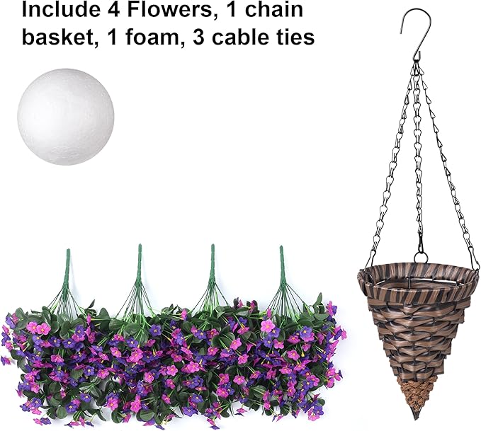 Artificial Fake Hanging Flowers with Basket for Outdoor Decoration,UV Resistant Faux Silk Daisy Flowers Dark Purple and Fuchsia Orchid Vines in Planter Realistic Hanging Baskets for Home Porch Garden