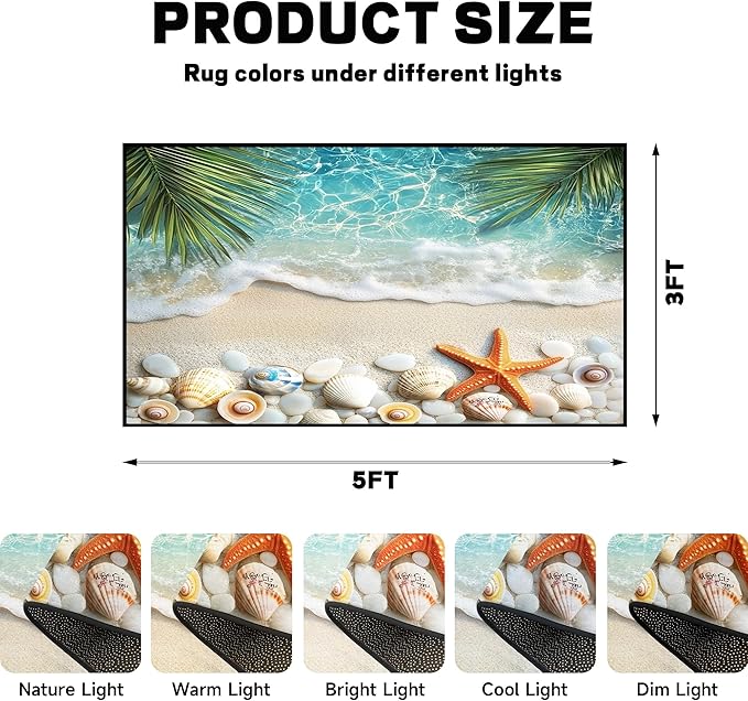 3'x5' Beach Rug Starfish Seashell Area Rugs for Entryway Bedroom Living Room Kitchen Home Decor Ocean Sea Wave Carpt 3D Non Slip Washable Throw Rug Coastal Seaside Floor Mat