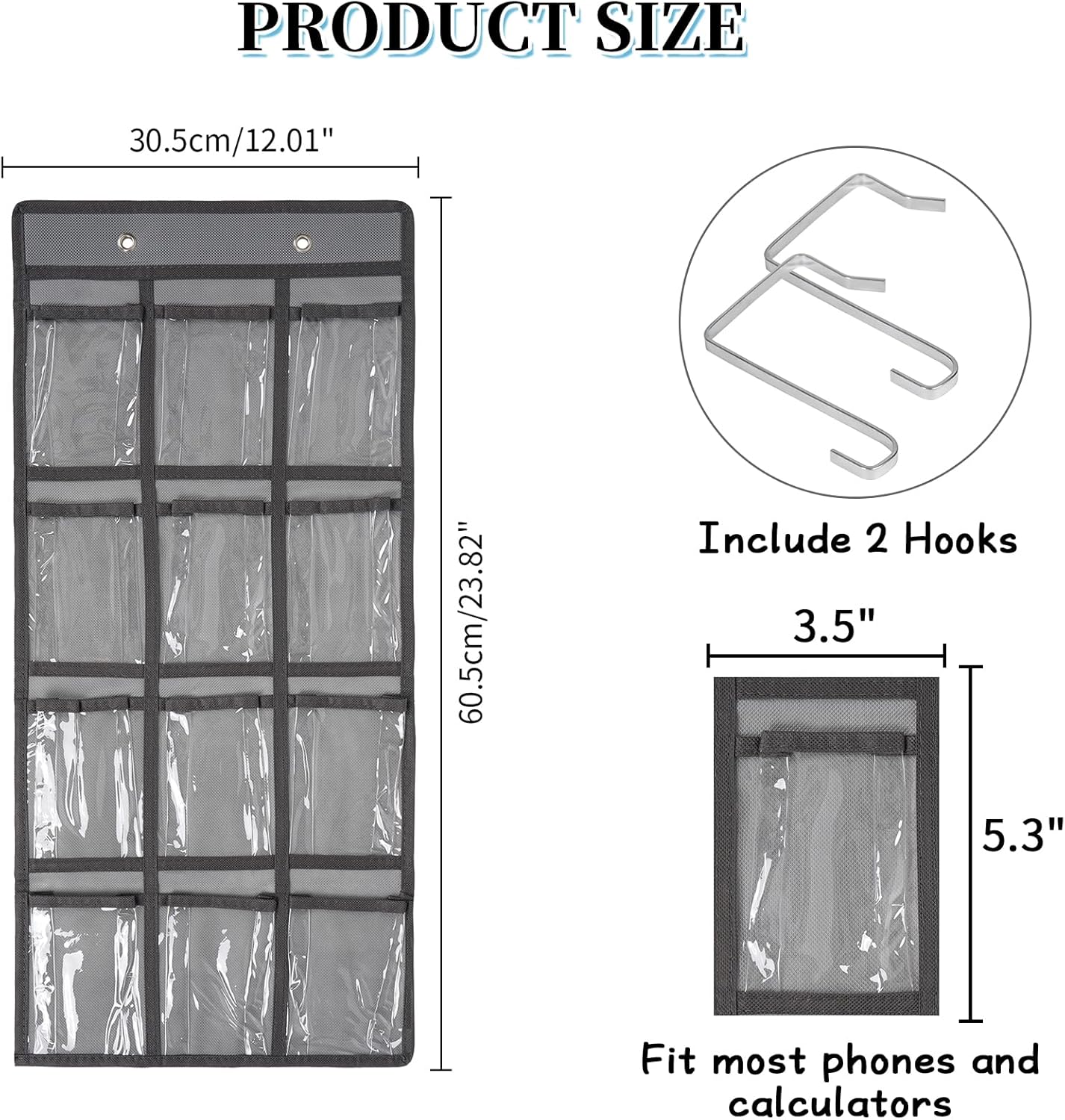 Skiennix Over the Door Organizer - Durable 12-Pocket Cell Phone Storage Bag | Grey Fabric Design