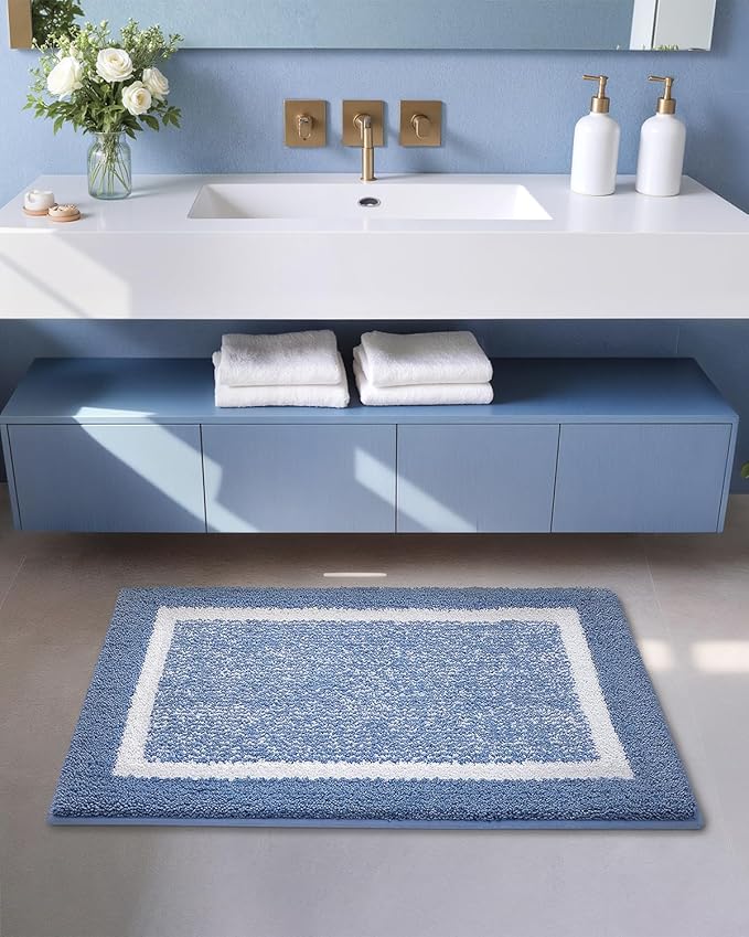 Color&Geometry Bathroom Runner Non Slip, 24"x59" Light Blue Bath Runner Rug, Absorbent, Soft, Washable, Microfiber Bath Mat Bathroom Carpet