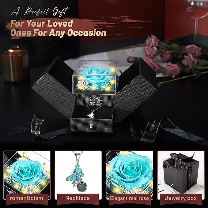 DRTINA Preserved Blue Real Rose with I Love You Butterfly Necklace-Eternal Flowers Rose Birthday Gifts for Wife Women Mom Girlfriend Grandma on Mothers Day Anniversary Christmas Valentines Romantic