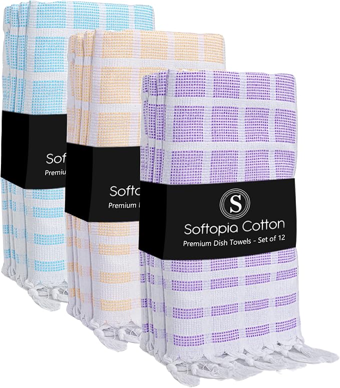 Matrix Dobby Kitchen Towels Set of 12, 100% Cotton, Combo Pack, 16"x26", Absorbent Tea Towels with Handmade Tassels, Reusable Cleaning Cloths - Lavender, Sandal Yellow, Aqua Blue