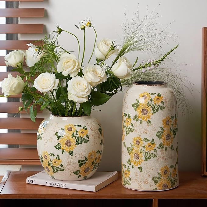 Vintage Pastoral Ceramic Vase, 10.6 inch Yellow and Beige Sunflower Floral Rustic Farmhouse Antique Retro Ice Cracked Chinoiserie Vases for Home Decor Living Room Tuscan Decor (Large)