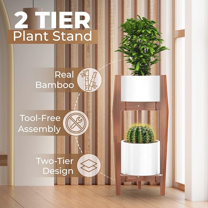 ROCCA 2-Tier Tall Plant Stand Indoor – Adjustable Bamboo Plant Stand (8–12”), Wooden Corner Pedestal for Multiple Pots, Modern Space-Saving Design