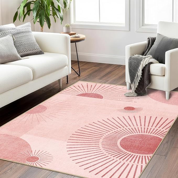 Sun Large Area Rug 4x6 for Living Room Mid Century Modern Rugs Machine Washable Boho Geometric Rug Non Slip Printed Low Pile Indoor Floor Carpet for Dining Room Bedroom Office,Pink