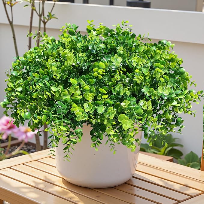 HyeFlora Artificial Plants for Outdoors Outside Spring Summer Decoration, 12 Bundles Faux Eucalyptus Leaves Stems Bulk Fake Greenery Branches Look Real UV Resistant for Home Porch Patio Planter Yard