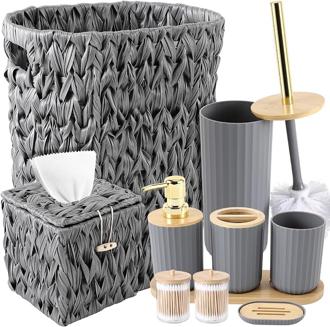 Bathroom Accessory Set, 10 Pieces Bath Set- Wicker Trash Can Tissue Box Soap Dish Toothbrush Holder Rinse Cup Lotion Bottle Toilet Brush Qtip Holder - Practical Bathroom Decor Sets (Grey, Bath Set)