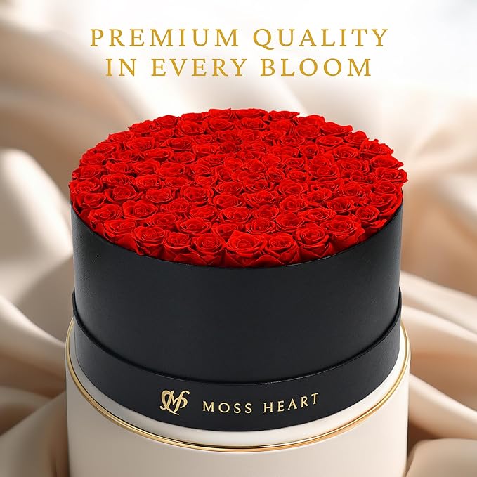 100 Preserved Roses, Forever Flowers for Delivery in Designer Round-Shaped Box, Petite Long-Lasting Buds for Women, Eternal Rose Bouquet for Mothers Day, Girlfriend's Birthday